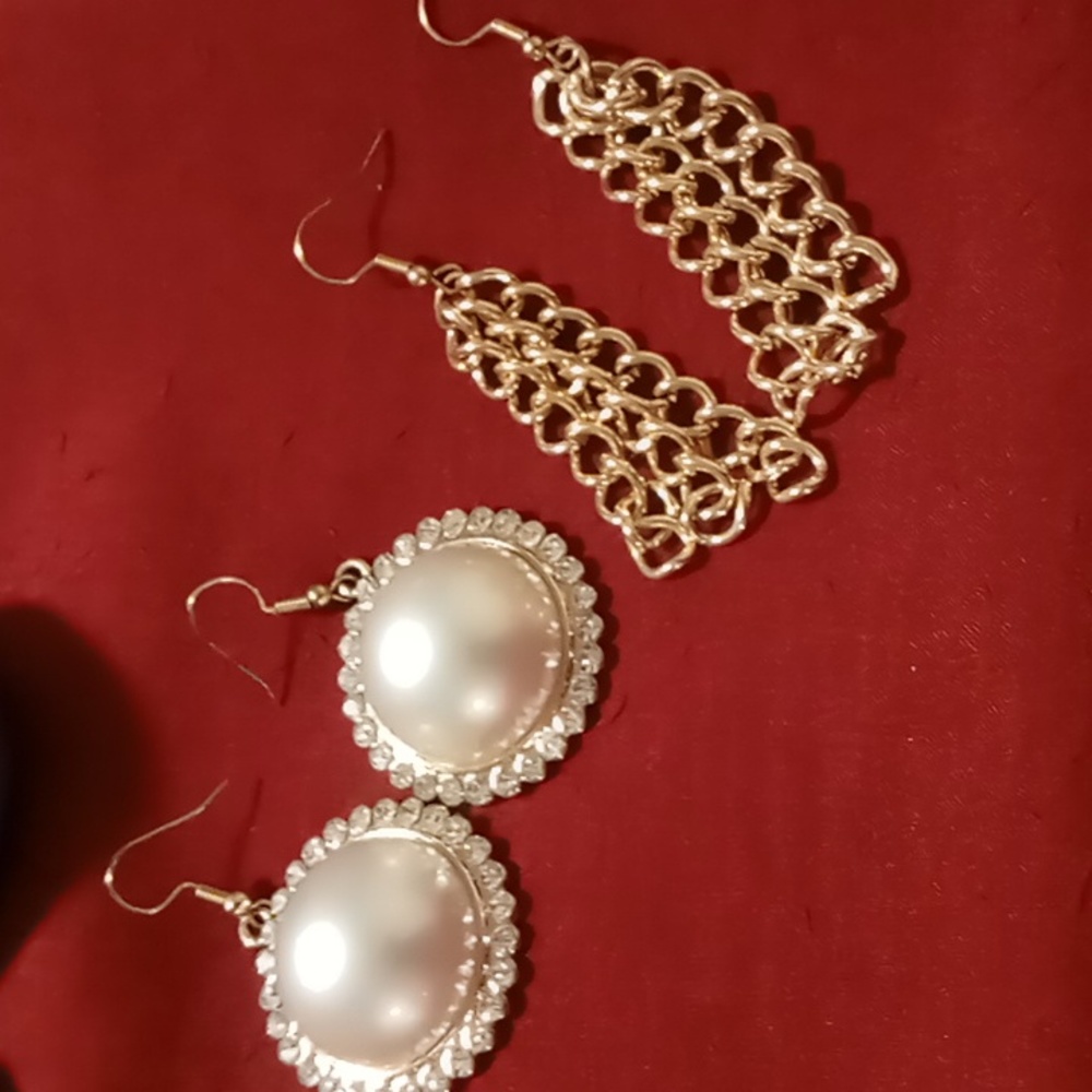 Oversized faux pearl and chain drop earrings. 2 pair